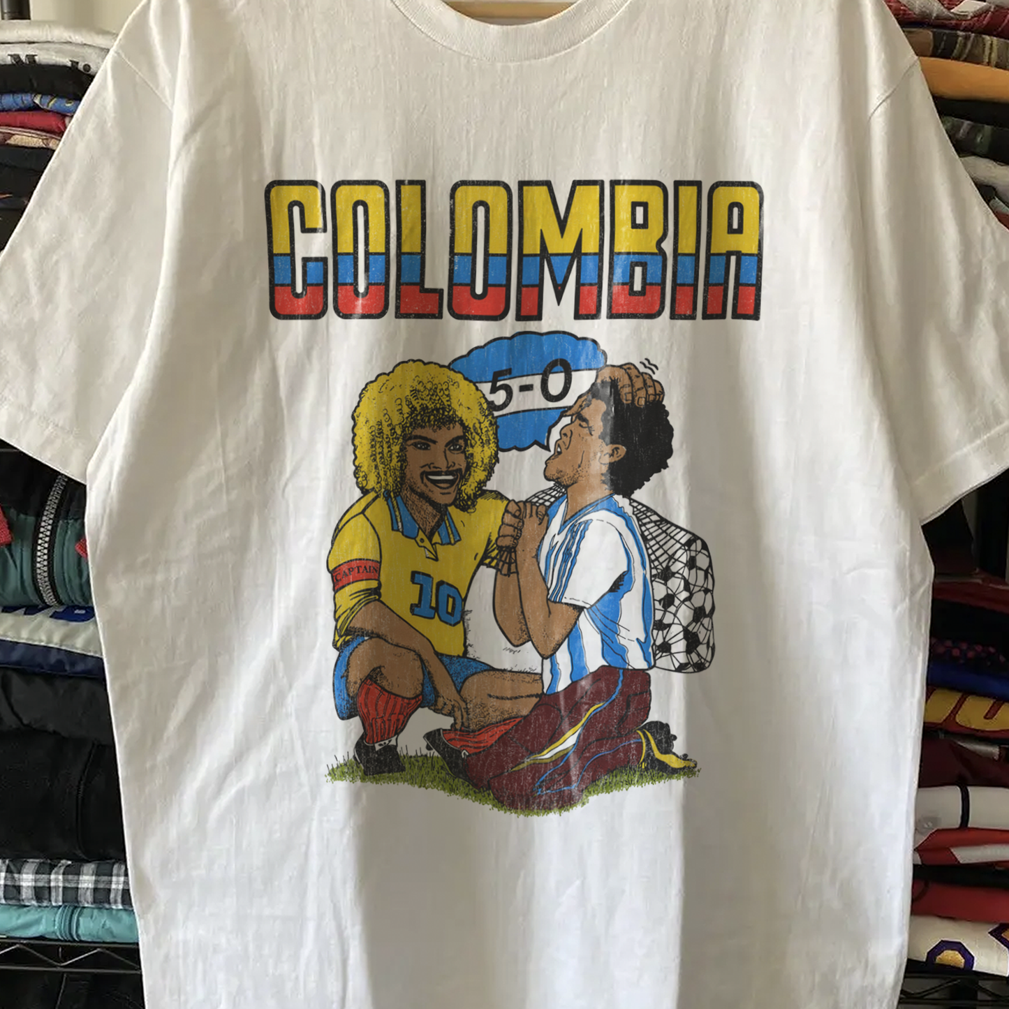 94 World Cup Colombia Valderrama Maradona Washed White Tee