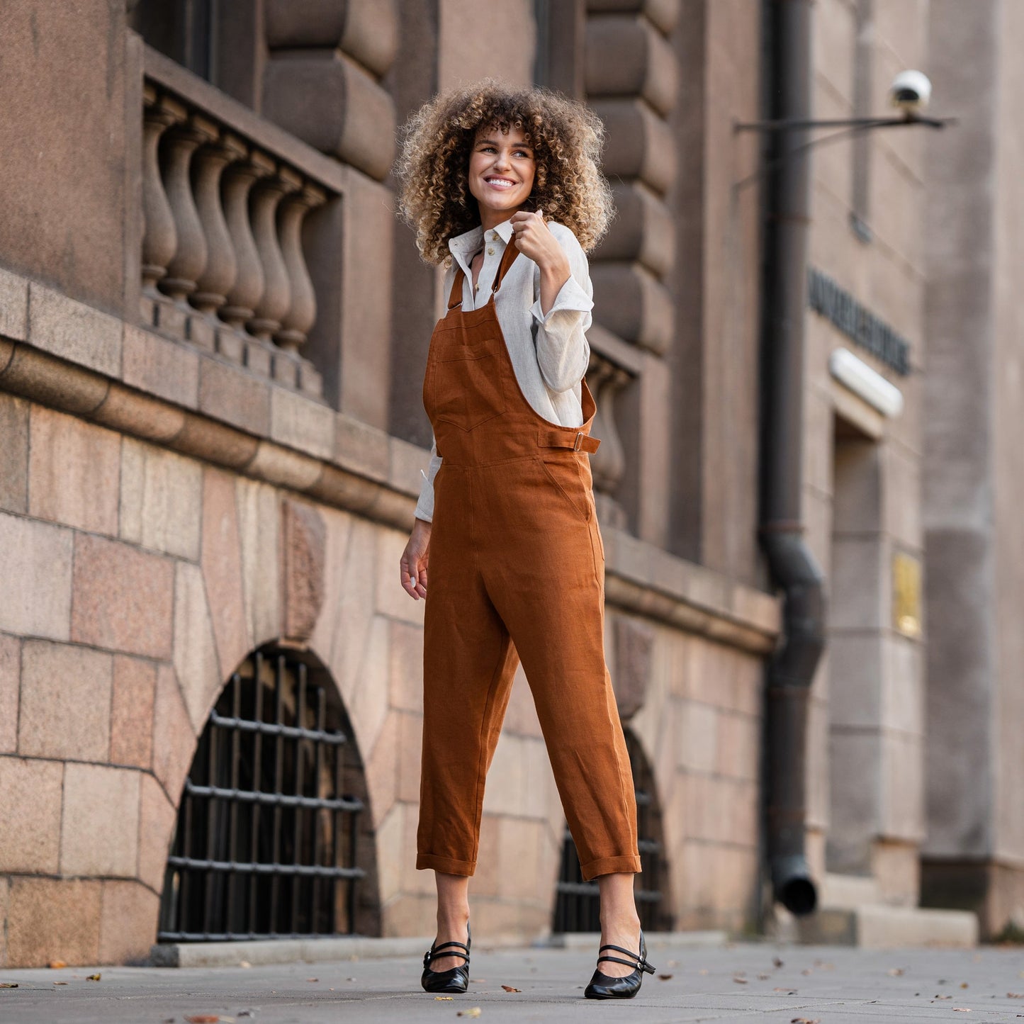 Linen Pinafore Jumpsuit Nicci Almond Brown