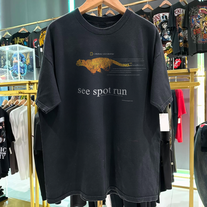 Y2K 'See Spot Run' Cheetah Nat Geo Rare Washed Black T-Shirt
