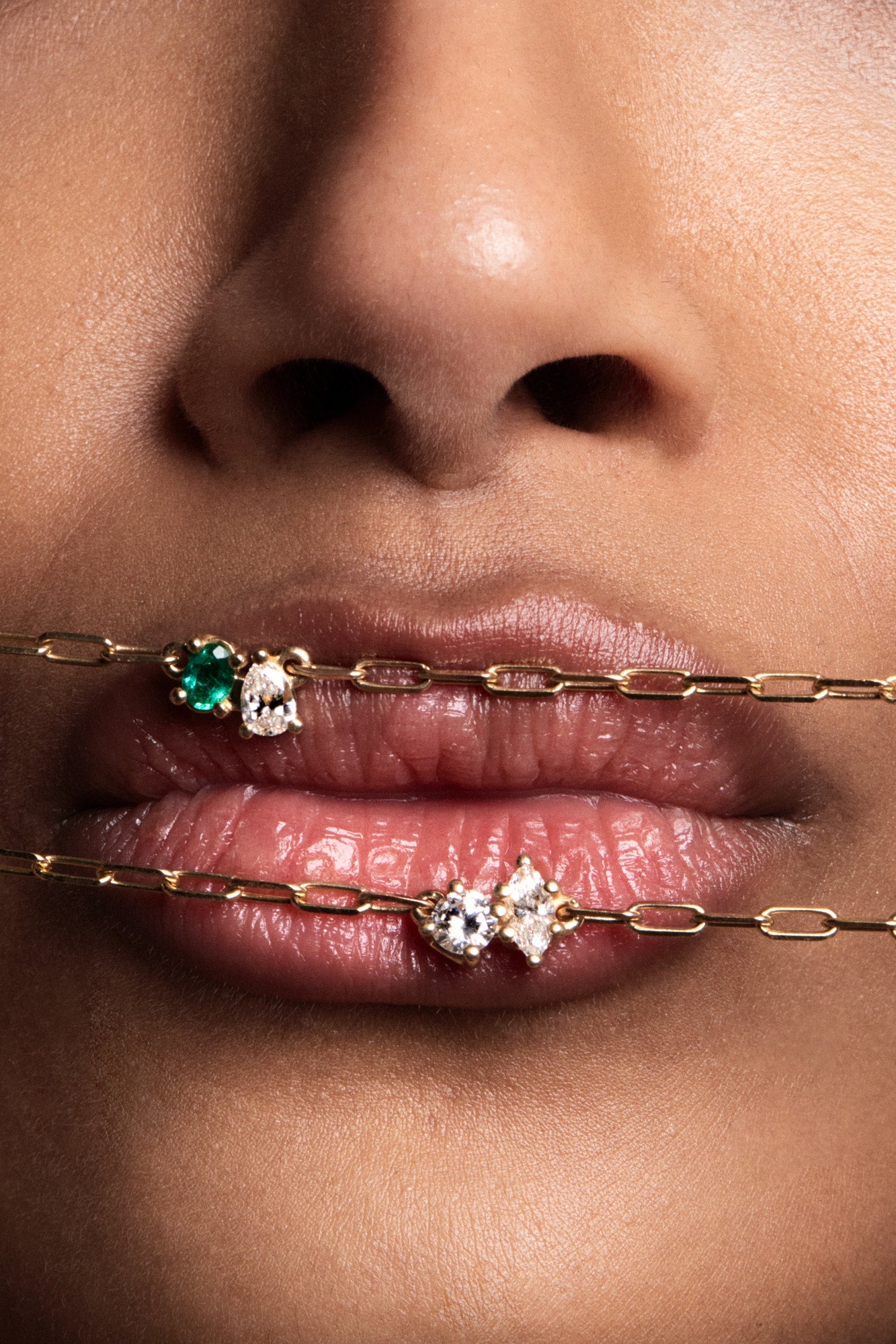 Pear Diamond and Oval Emerald Toi Et Moi Necklace | Yellow Gold