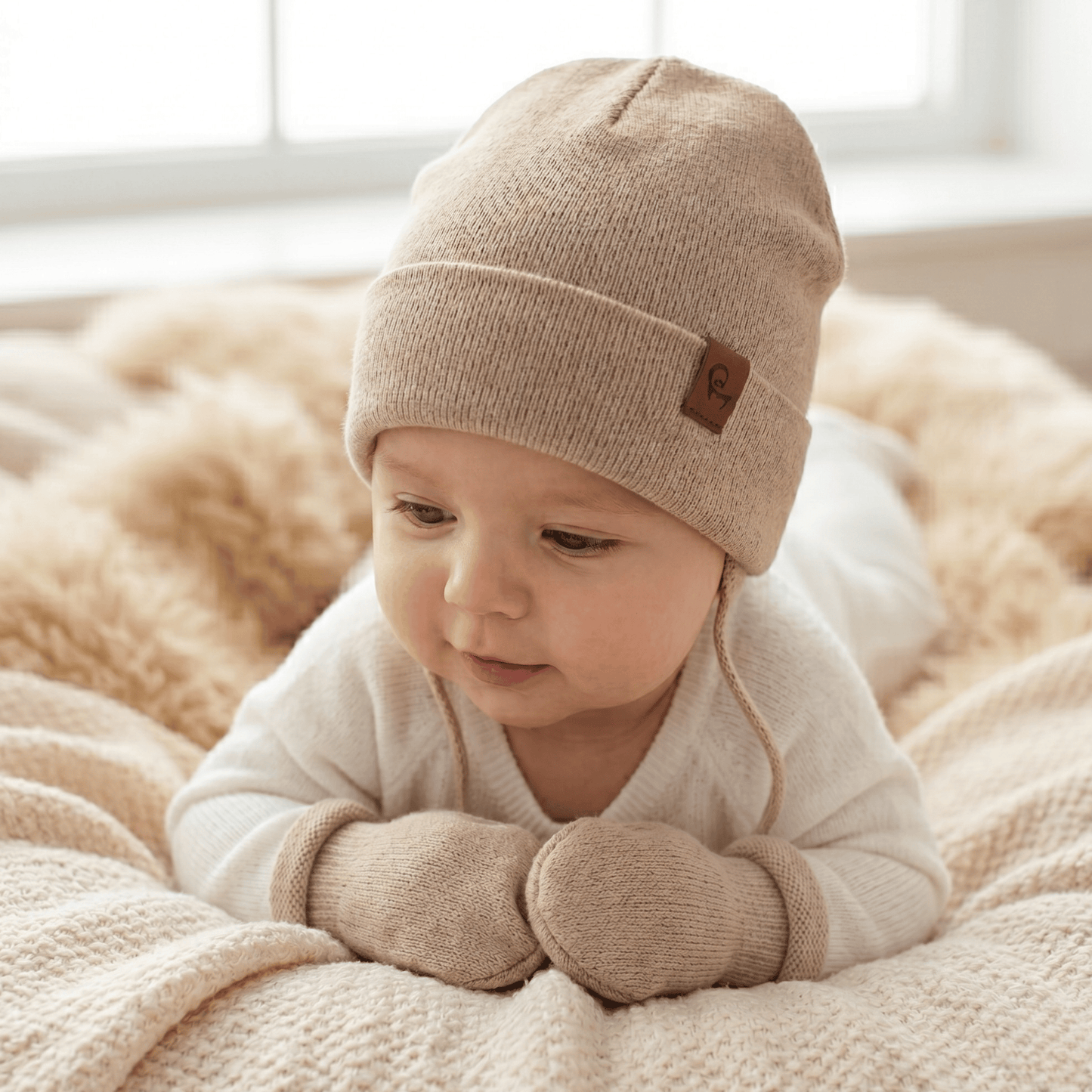 Baby Knit Beanie with Strings & Mittens 2-Piece