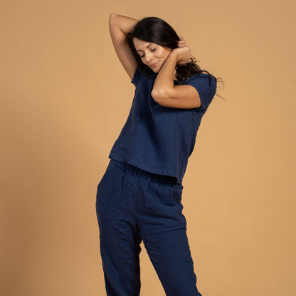 Linen T-Shirt Top Emma Storm Blue