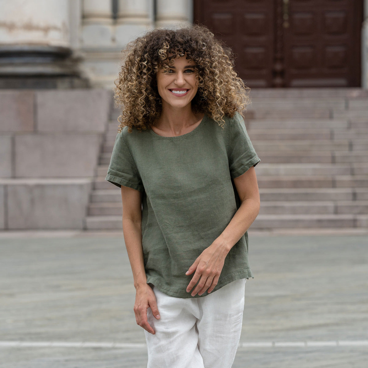 Linen T-Shirt Top Emma Stone Green