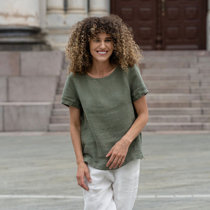 Linen T-Shirt Top Emma Stone Green