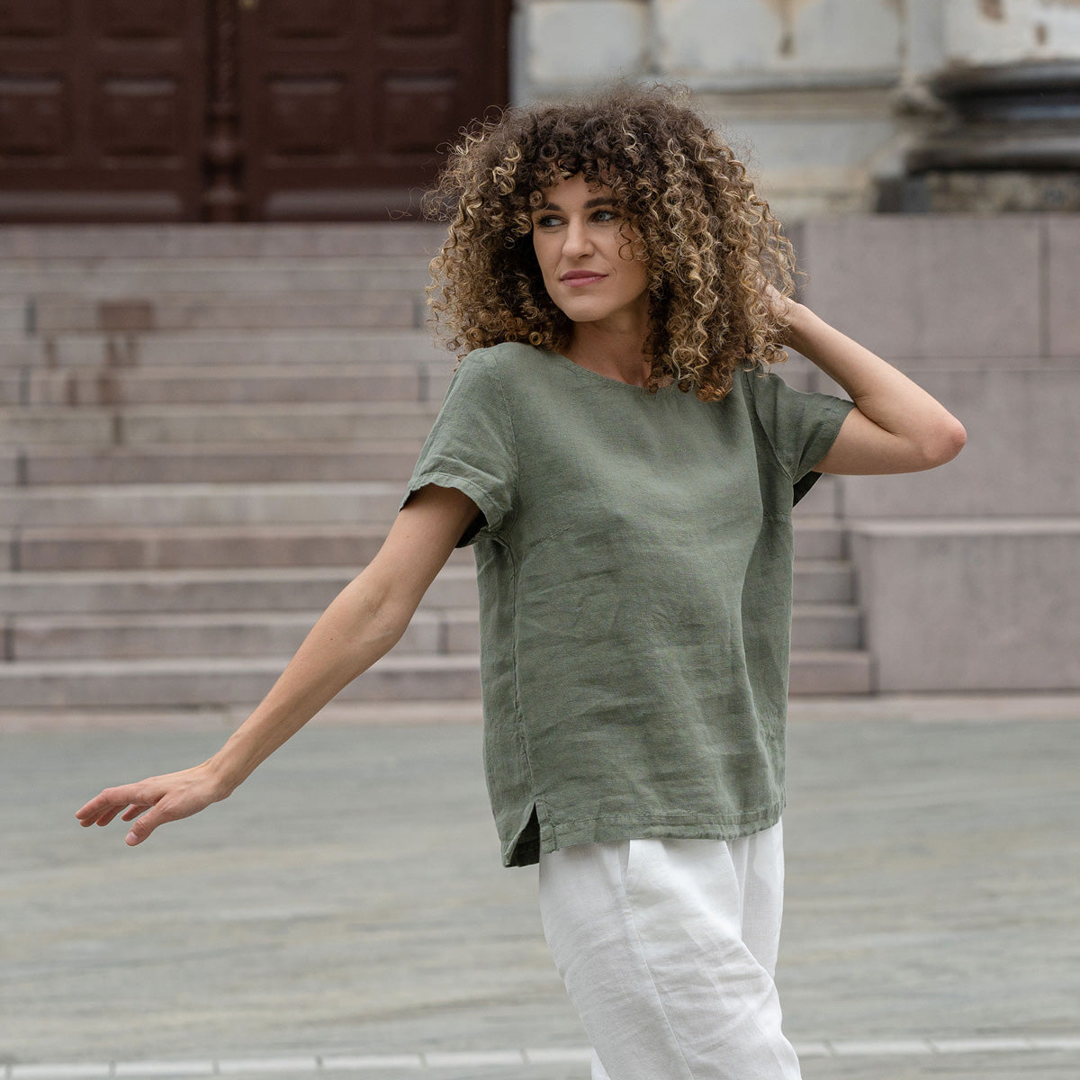 Linen T-Shirt Top Emma Stone Green
