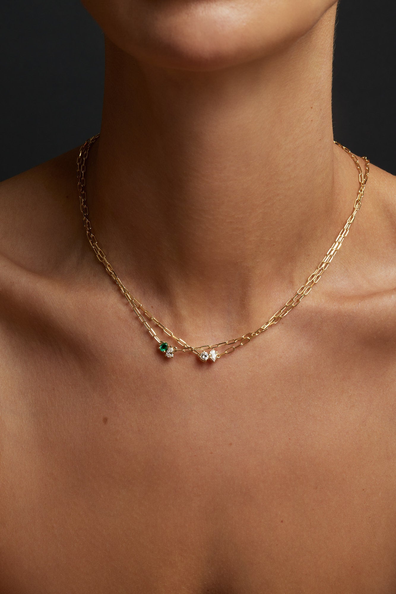 Emerald and Round Diamond Toi Et Moi Necklace | White Gold