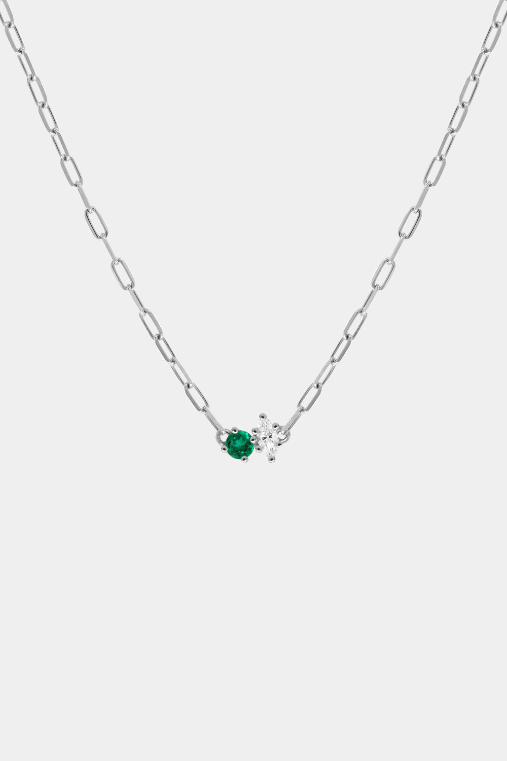 Marquise Diamond and Round Emerald Diamond Toi Et Moi Necklace | White Gold