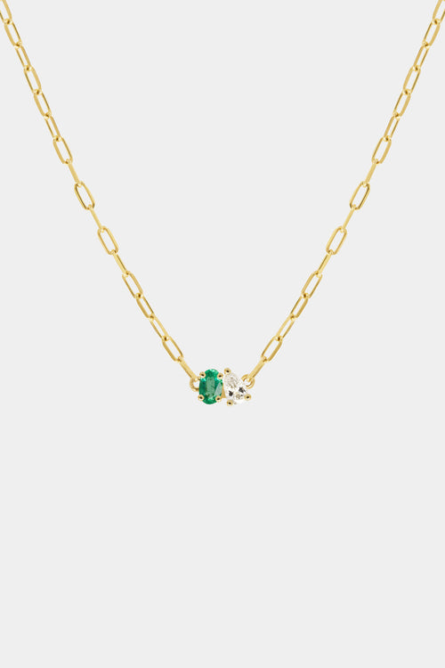Pear Diamond and Oval Emerald Toi Et Moi Necklace | Yellow Gold