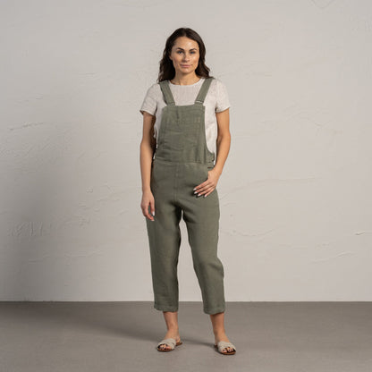 Linen Pinafore Jumpsuit Nicci Stone Green