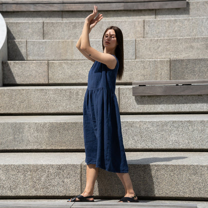 Linen Smock Dress Maya Storm Blue