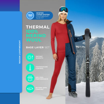 100% Merino Lightweight Base Layer Set Royal Cherry