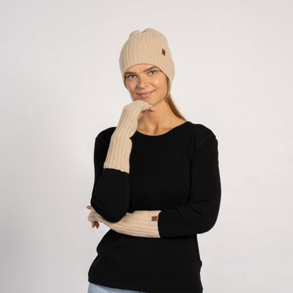 Women's Ribbed Beanie & Wrist Gloves Cashmere Set