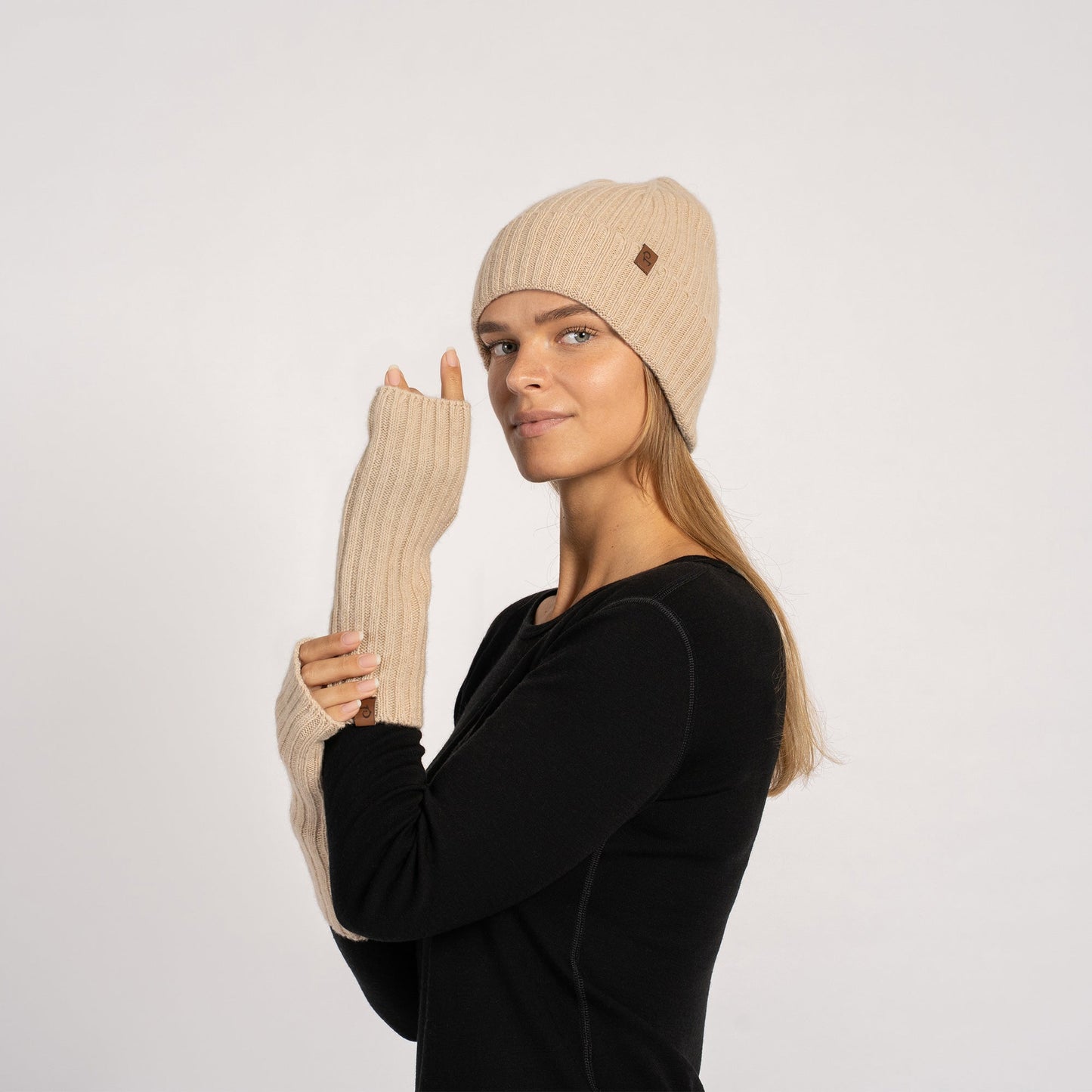 Women's Ribbed Beanie & Wrist Gloves Cashmere Set