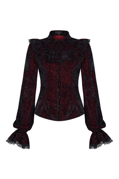 Crimson Manor Ruffled Button-Up Top